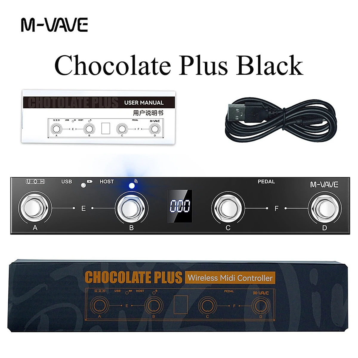 M-VAVE Chocolate Plus Black Wireless MIDI Controller – 4 Footswitches, BLE & USB MIDI, Host, 16 Messages per Switch, 280g