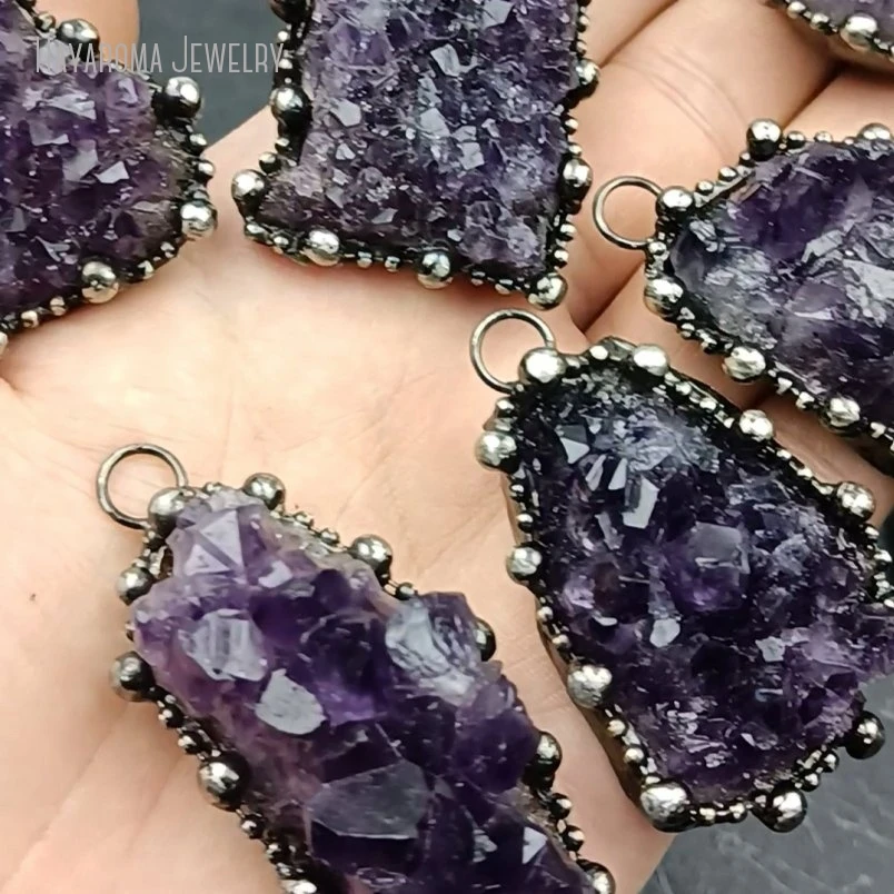 10Pcs Geometric Free Form Crystal Amethysts Druzy Cluster Antique Silver Color Soldered Jewelry Handmade Vintage Pendant