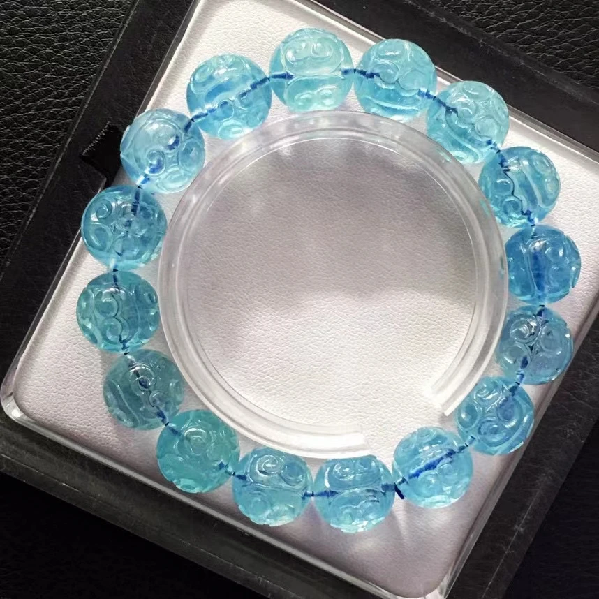 Natural Blue Aquamarine Clear Beads Bracelet 12mm Women Men Stretch Brazil Bracelet Jewelry AAAAAA