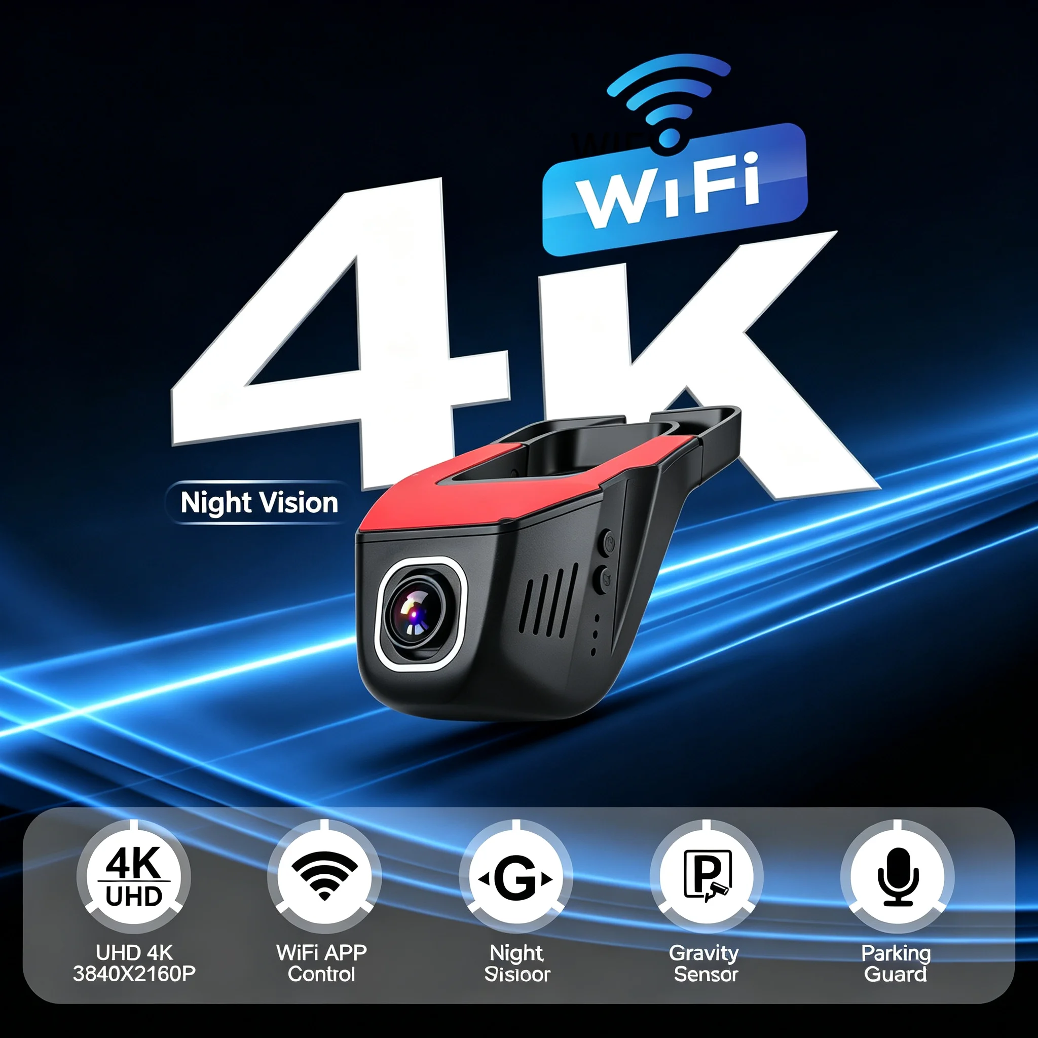 4K Auto-Dashcam DVR-Rekorder mit App-Steuerung, Blackbox mit WLAN, Sprachaufzeichnung, 24h Parküberwachungsfunktion, Autozubehör