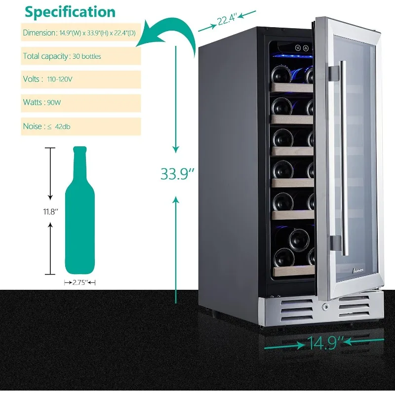 Mini Fridge Wine Cooler Refrigerator - 30 Bottle  Double-Layer Tempered Glass Door and Temperature Memory