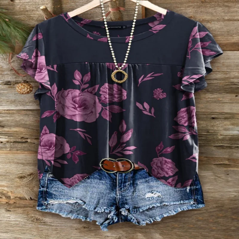 

Summer Fashion Comfortable Floral Pattern 3D Printed Short Sleeve T-shirt Casual Loose Pleated Ladies Top T-shirt