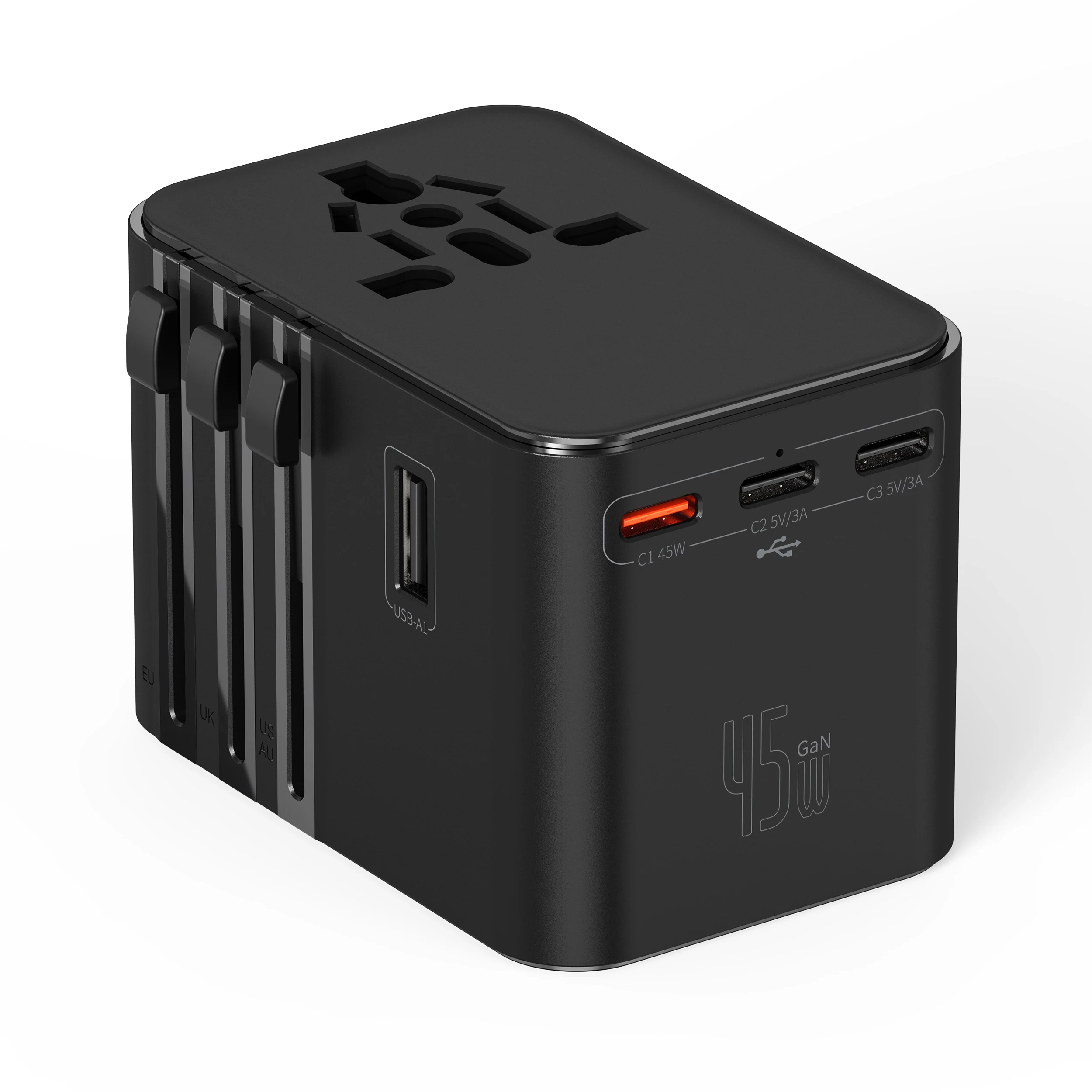 Universele reisadapter met 4 stopcontacten 1 USB-poort 2 Type-C PD 25 W Alles-in-één snel opladen op EU UK US AUS-stekker opladen