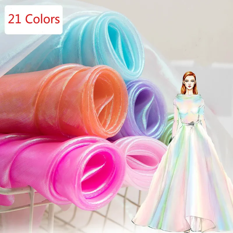 100x150CM DIY Fluorescent Fabrics Colorful Shiny Gauze Fabric Stage Wedding Decor Voile Transparent Holographic Fabrics