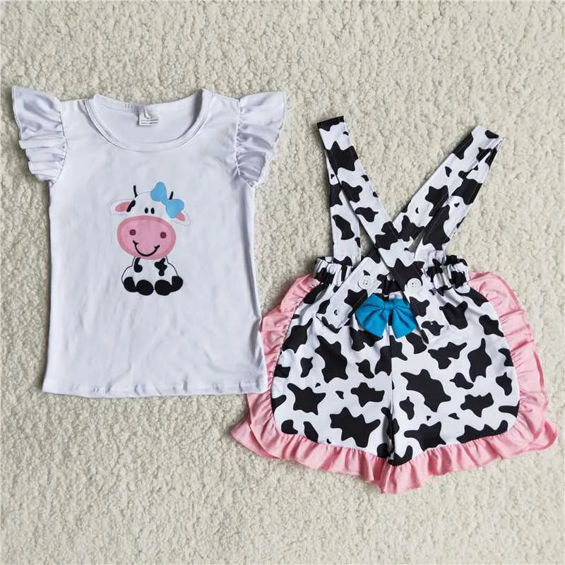 

Toddler New Summer Cute Cow Print Ruffles Overalls Baby Girls Children Wholesale Boutique Outfits Clothing Sets