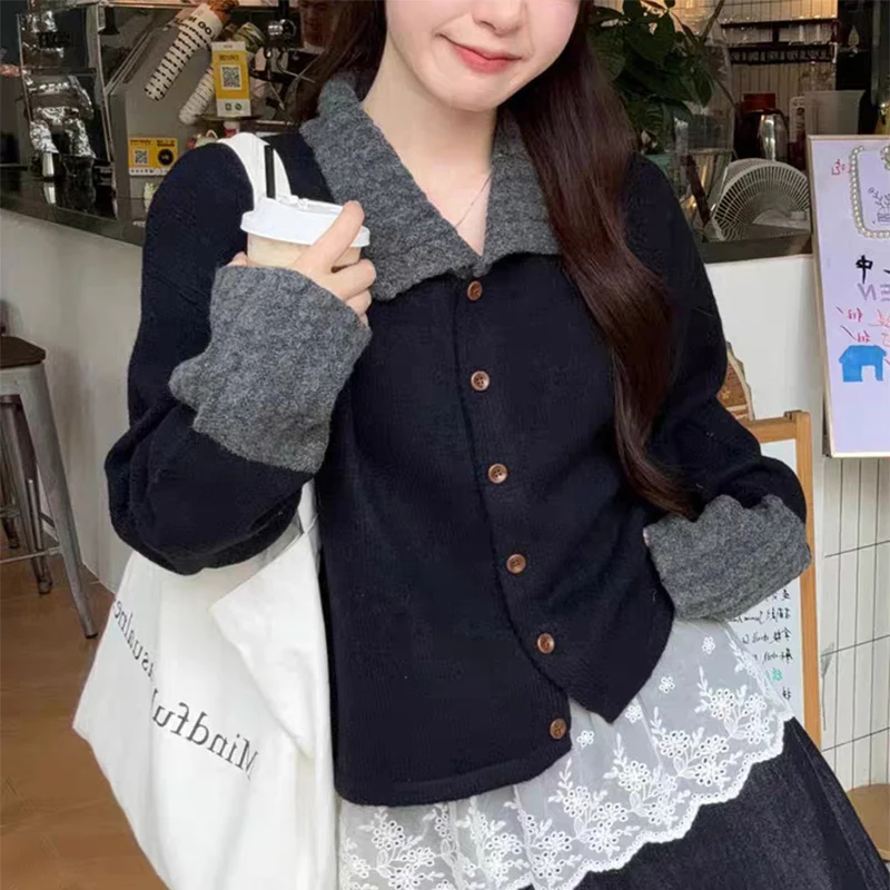 

Korean Long Sleeve Striped Knitted Cardigan Women Autumn Y2K Single Breasted Sweater Jacket Contrast Color Retro Lapel Knitwear