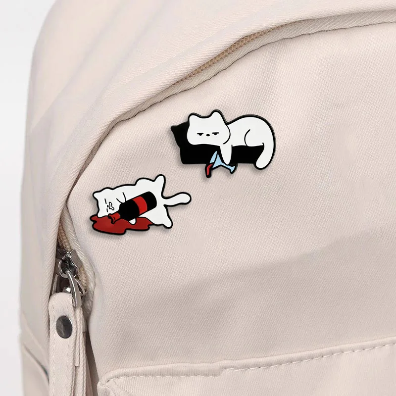 Unisex Cartoon Drunk Cat Metal Pin Cute Drinking White Cat Brooch DIY for Clothes Bags Shoes Hat Scarf T-shirt Jeans Decor