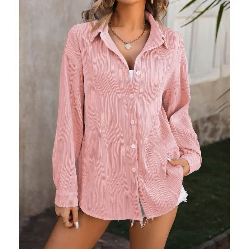 Solid Color Long Sleeved Blouse For Women Commuting 2024 Oversize Wave Texture Loose Fashion Shirt For Women Autumn New Product