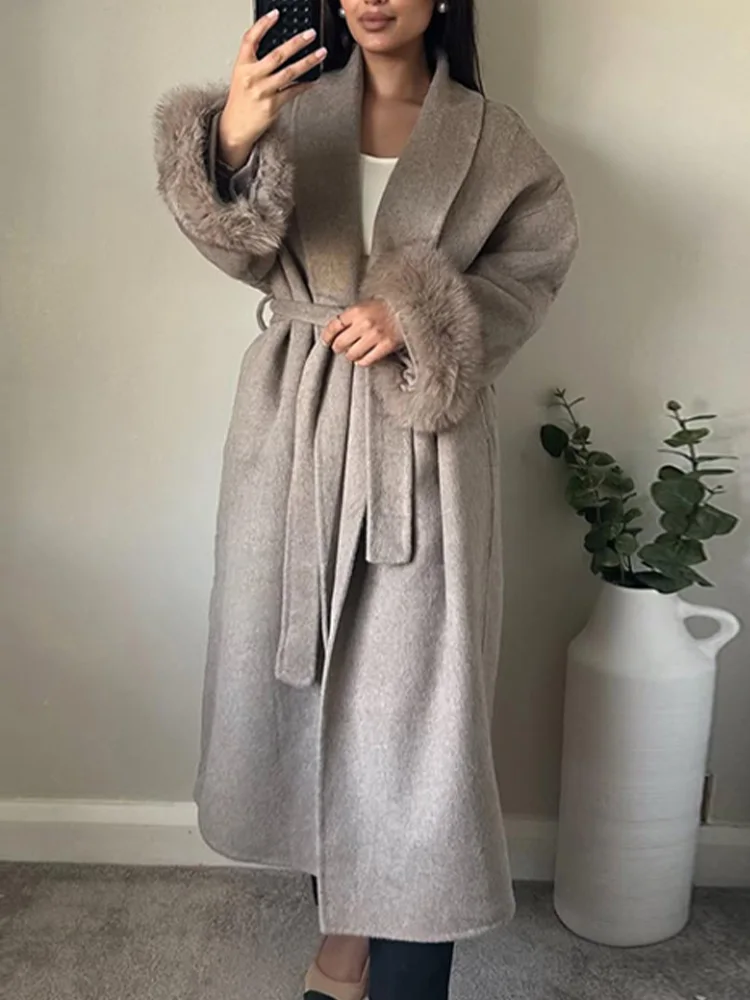 

HH Woman Elegant Long Sleeves Lace-up Belt Decoration Winter Long Coat Female Commuting Pockets Furry Cuffs Solid Loose Coat