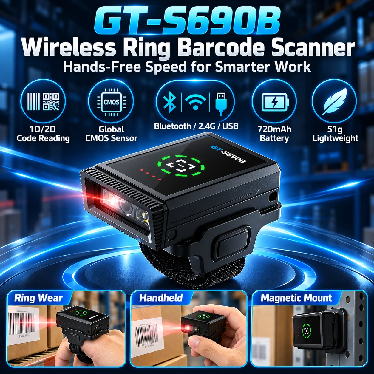 GT-S690B Wireless Ring Barcode Scanner 1D 2D Bluetooth 2.4G USB CMOS Hands-Free Scanner for Warehouse POS