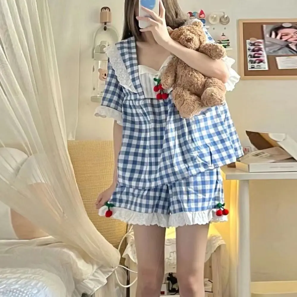 

Cherry Lace Grid Pajama Suit Stripe Square Neck Shorts Camisole Nightwear Loose Women Homewear Two Pieces Sleepwear Sets Home