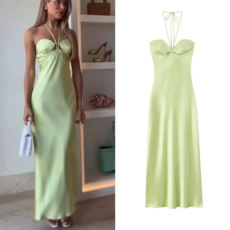 

Women's Dress 2026 Summer New Style Light Green Spaghetti Strap Satin Midi Dress Vacation Style Elegant Temperament
