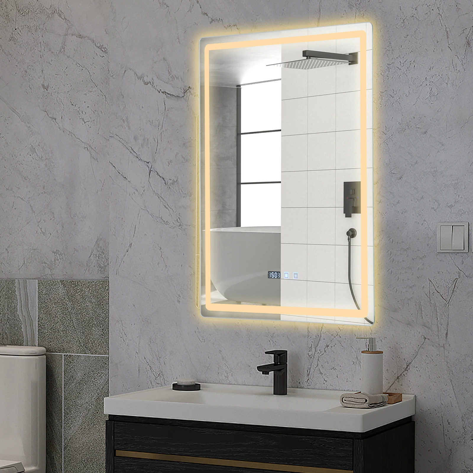 Espejo de Baño LED Inteligente Antivaho con Control Táctil, Iluminación de 3 Colores, Reloj Digital y Pantalla de Temperatura, 600x800mm