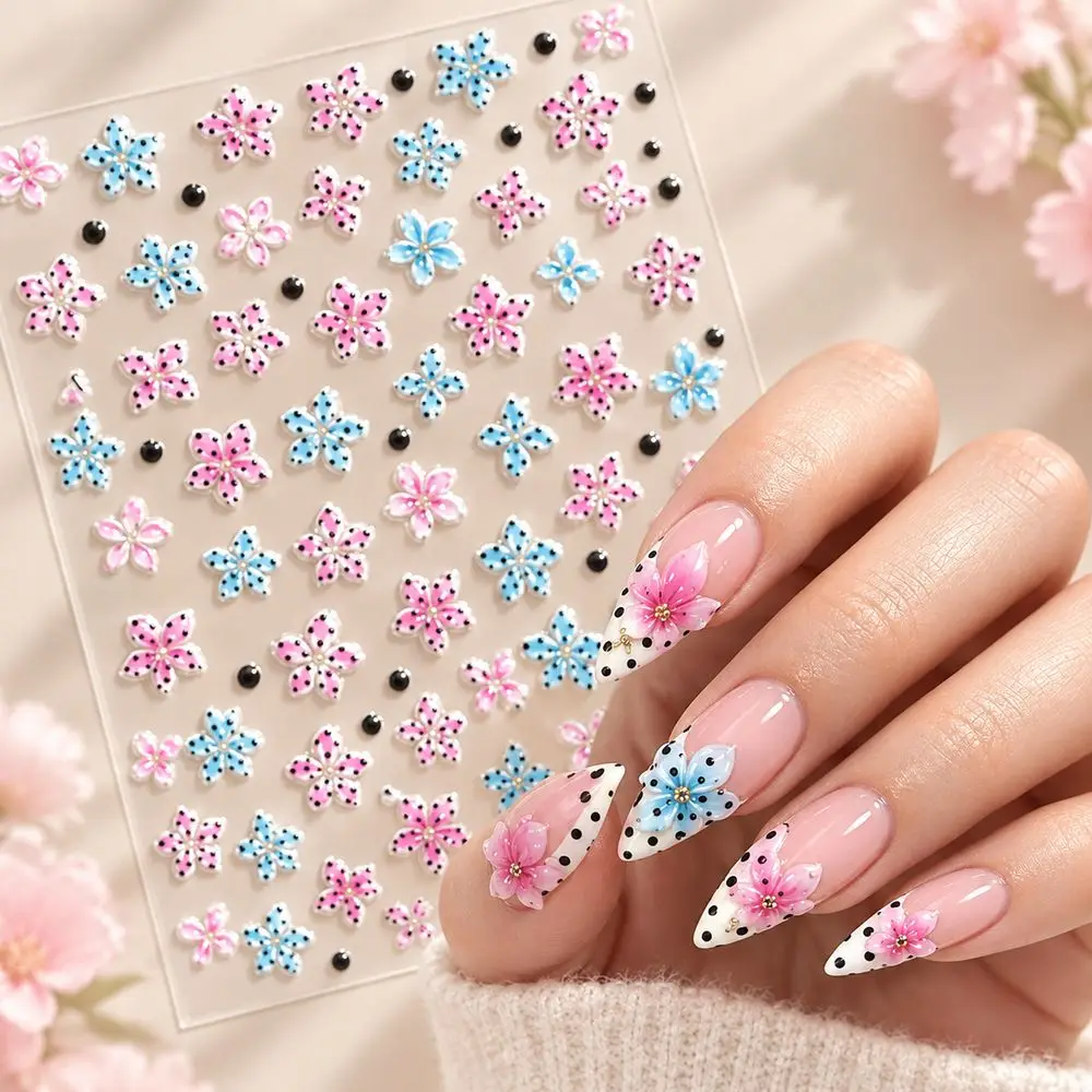 Nail Stickers 1Sheet Blue Pink Polka Dot Flower 5D Embossed Self Adhesive Decals Supplies Kit for Nail Art Design Professional
