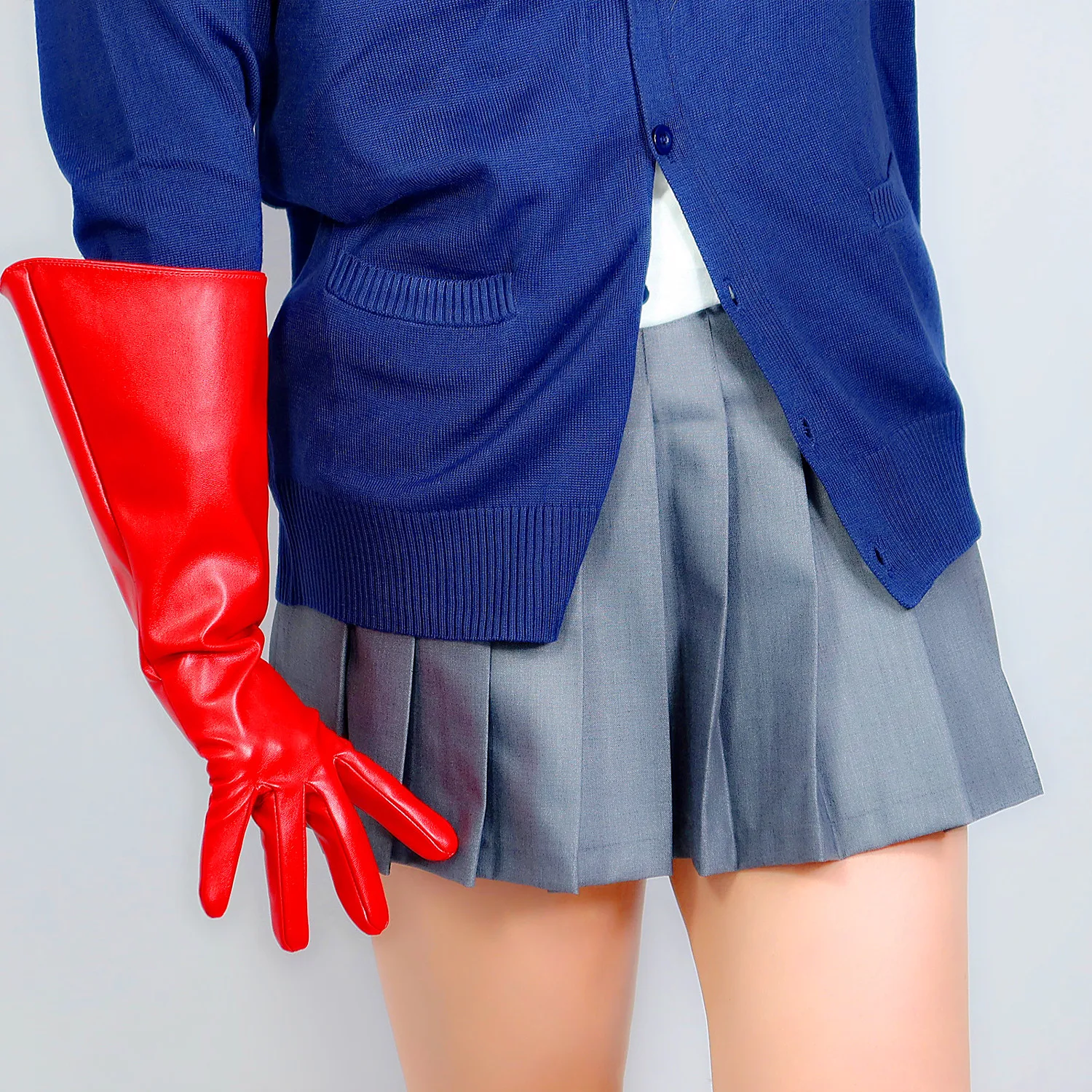 Unisex Red Cosplay Gloves Oversized Large Puff Sleeves Size L Faux Leather Elbow Halloween Costume Fashion Evening Gala Dressing