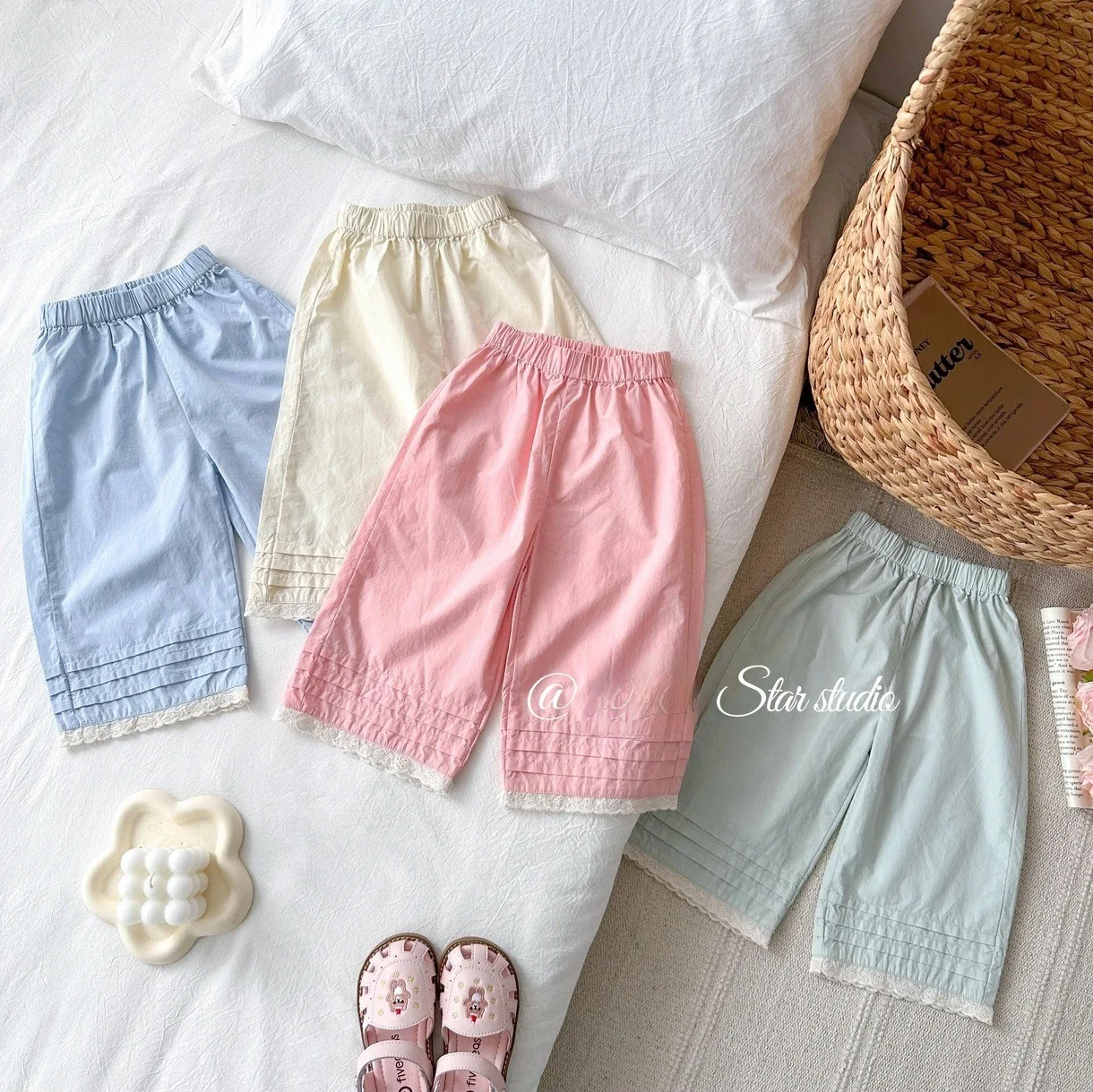 Girl Pant Girls Summer New Children Lace Folding Casual Pants Korean Style Fashion Color Thin Fashion Seven-point Cotton Pants