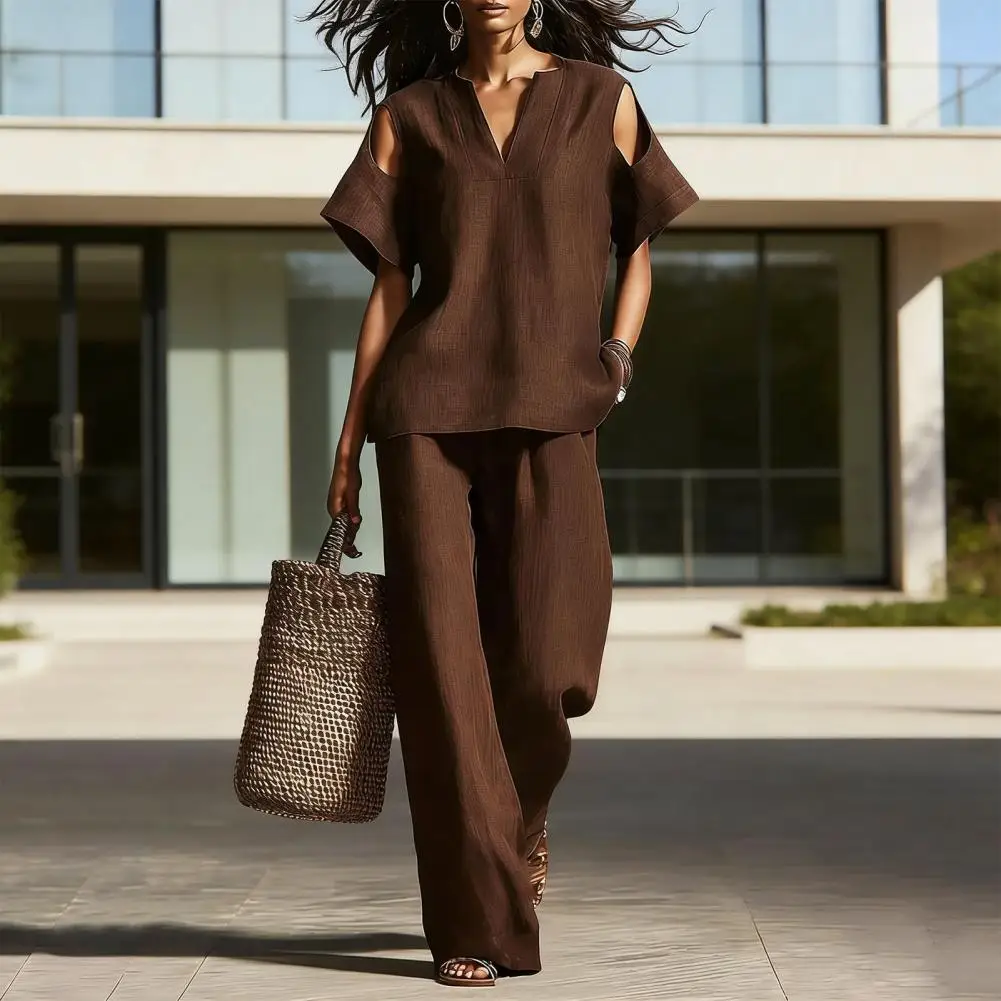 

2 Piece Sets For Women Cutout Short Sleeve Crewneck Top And Wide Leg Pants Set Casual Loose Lounge Outfit