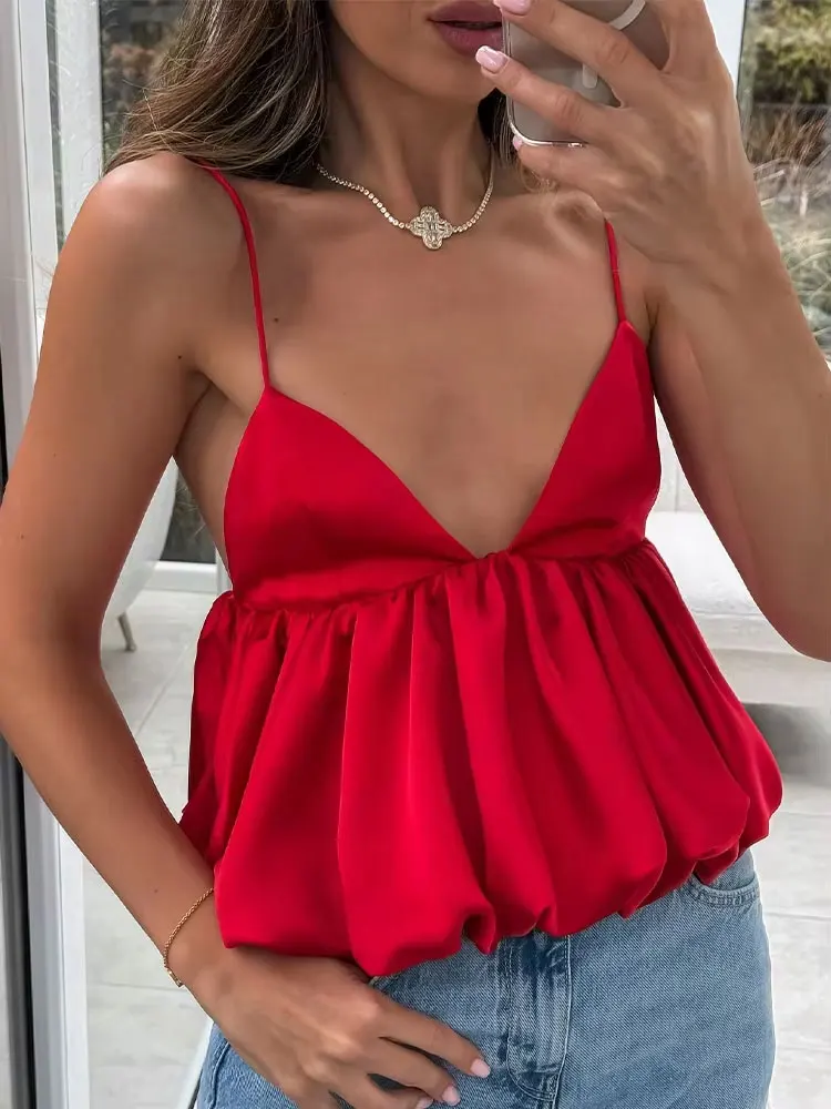 HH mujer verano moda satén textura rojo Sling Tops cuello pico sólido sin mangas espalda descubierta elegante plisado Sexy camisetas sin mangas de fiesta