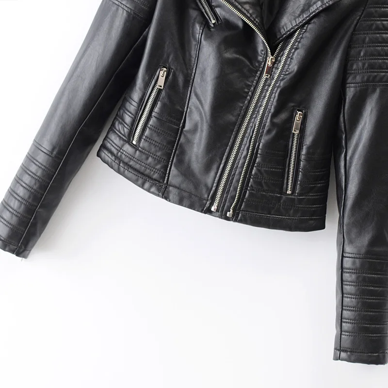 Mulheres preto jaqueta do plutônio primavera outono estilo europeu americano roupas lapela motocicleta turn-down colarinho couro do plutônio casaco com zíper
