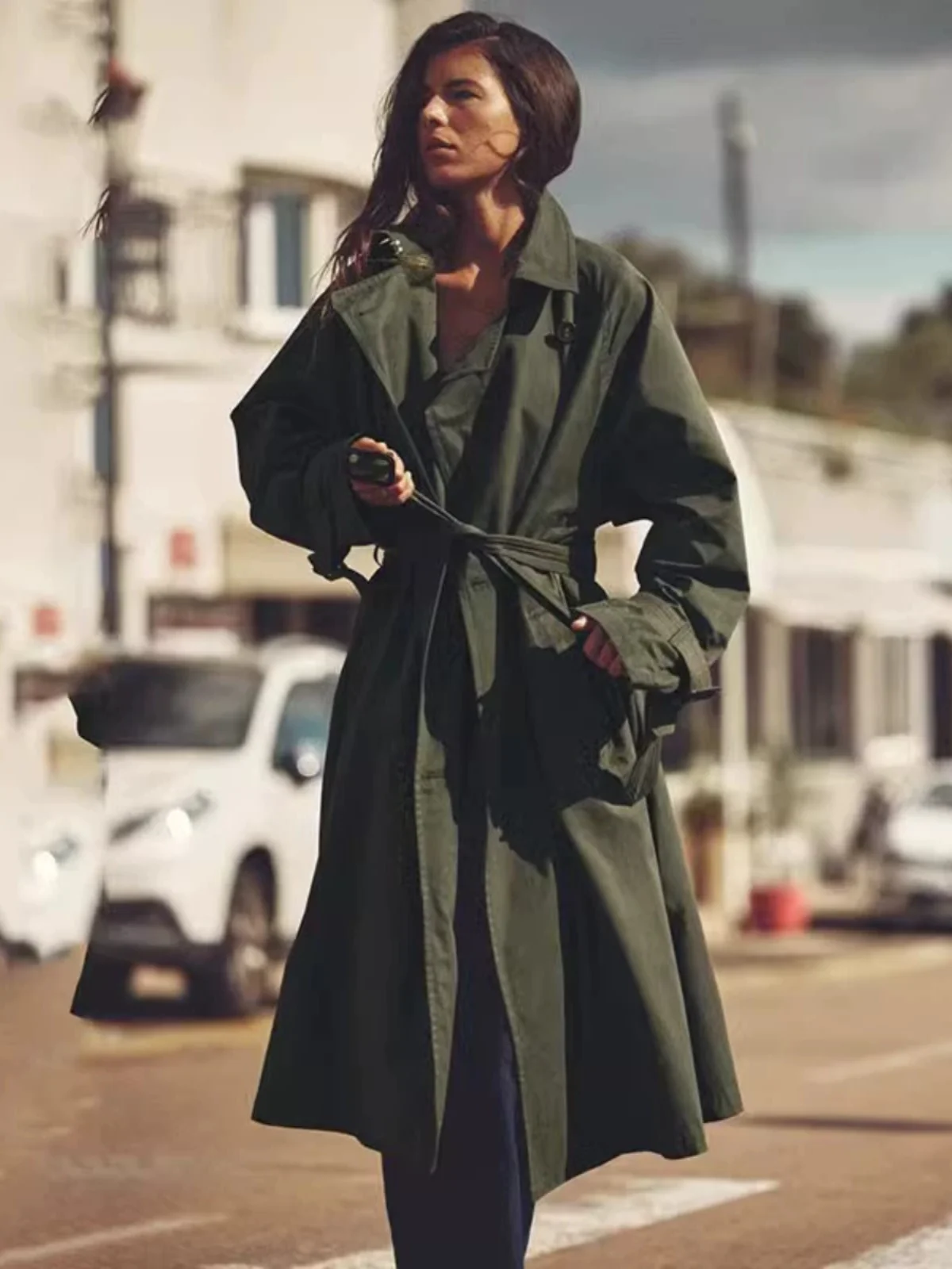 

Sli Belted Loose Long Sve Turn-down Collar Windbreaker Outerwear for Women Autumn New Arrival Ele Briti Sle