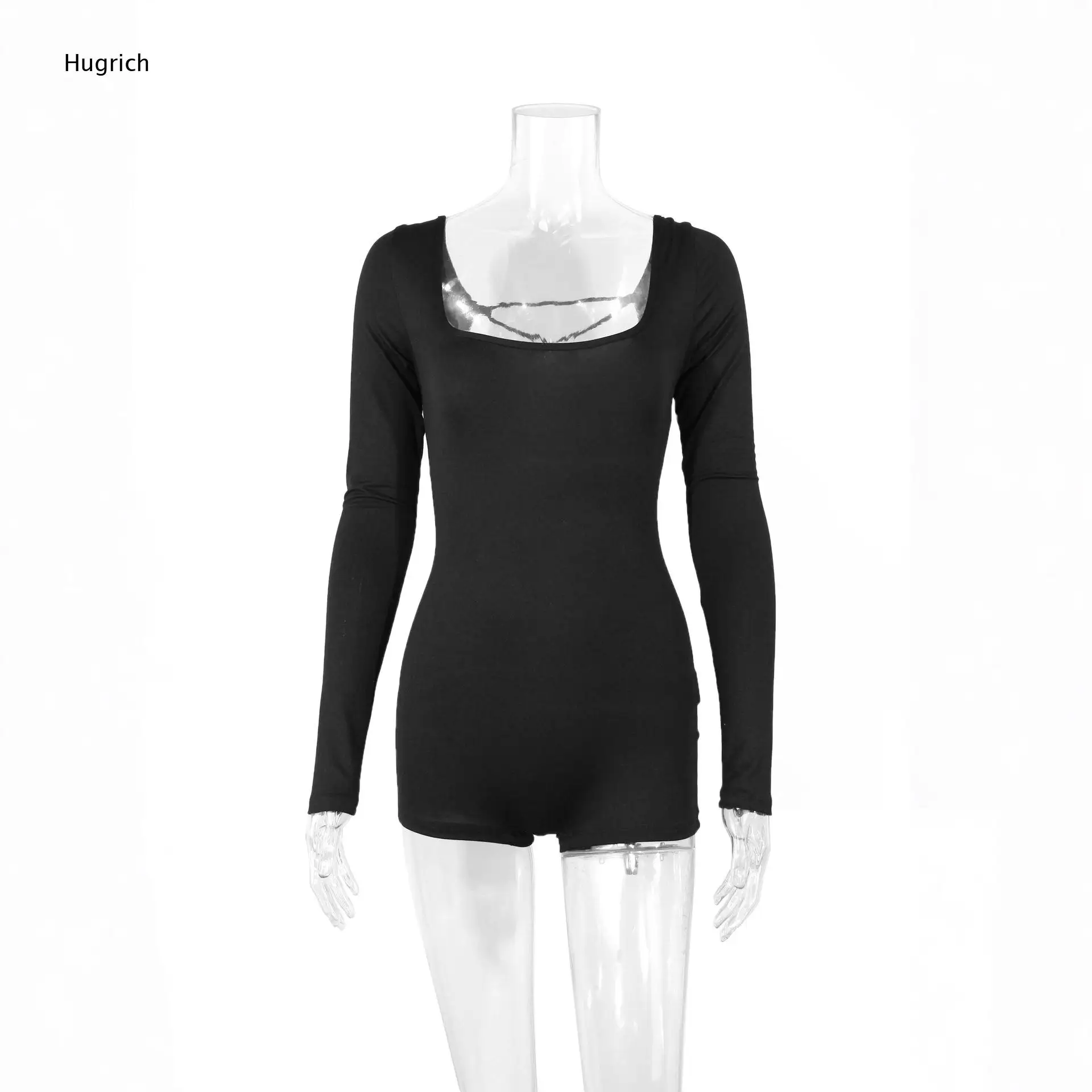 

Basic Solid Black Long Sleeve Bodysuit Square Neck Slim Fit Stretchy Body Shaping Daily Wear One Piece Top For Ladies