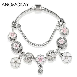 White & Pink Enamel Cherry Blossoms Charm Bracelets Colorful Flower Bead Bracelet for Women Diy Jewelry Making Pulseira Feminina