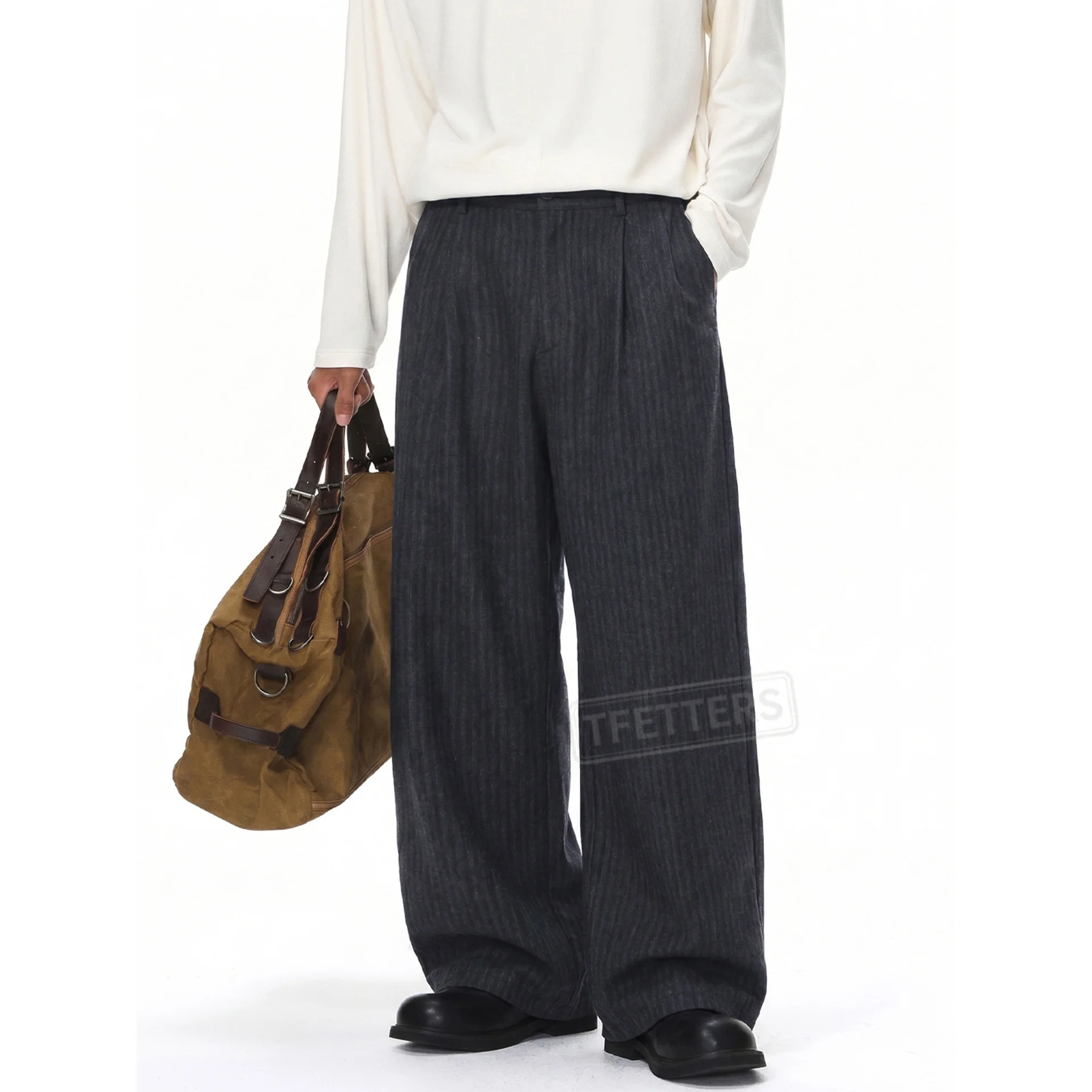 TFETTERS 2026 Autumn Winter Faux Wool Vertical Suit Pants Men Loose Wide Leg Draped Men Trousers Vintage Business EU Size