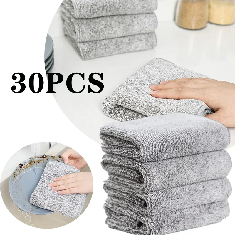 

30pcs Gray Bamboo Charcoal Thickened Super Absorbent Dishcloth Oil Resistant Kitchen Wipes Microfiber Cleaning Cloths