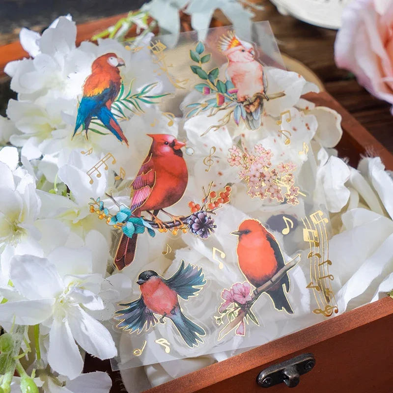 2 Blatt PET-Flachsticker im chinesischen Stil mit Vögeln, Papageien, Spatzen, Heißgold-Blumen und -Vögel für Handkollagen und Scrapbooking, 6 Modelle