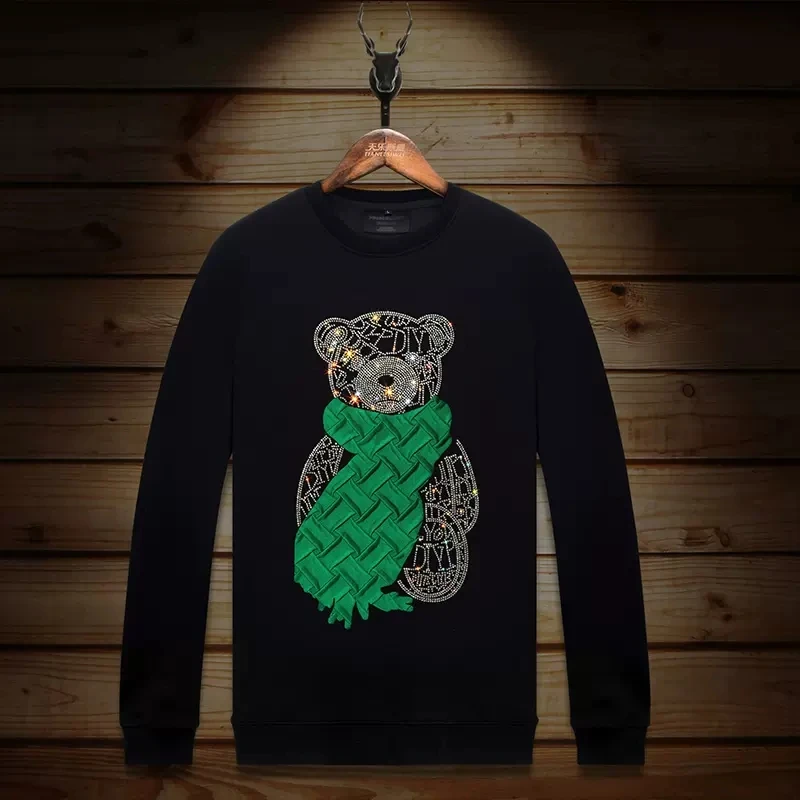 

Женский пуловер с капюшоном и круглым вырезом, Осенний свитшот с мультяшным медведем и стразами, модная уличная одежда, 2024