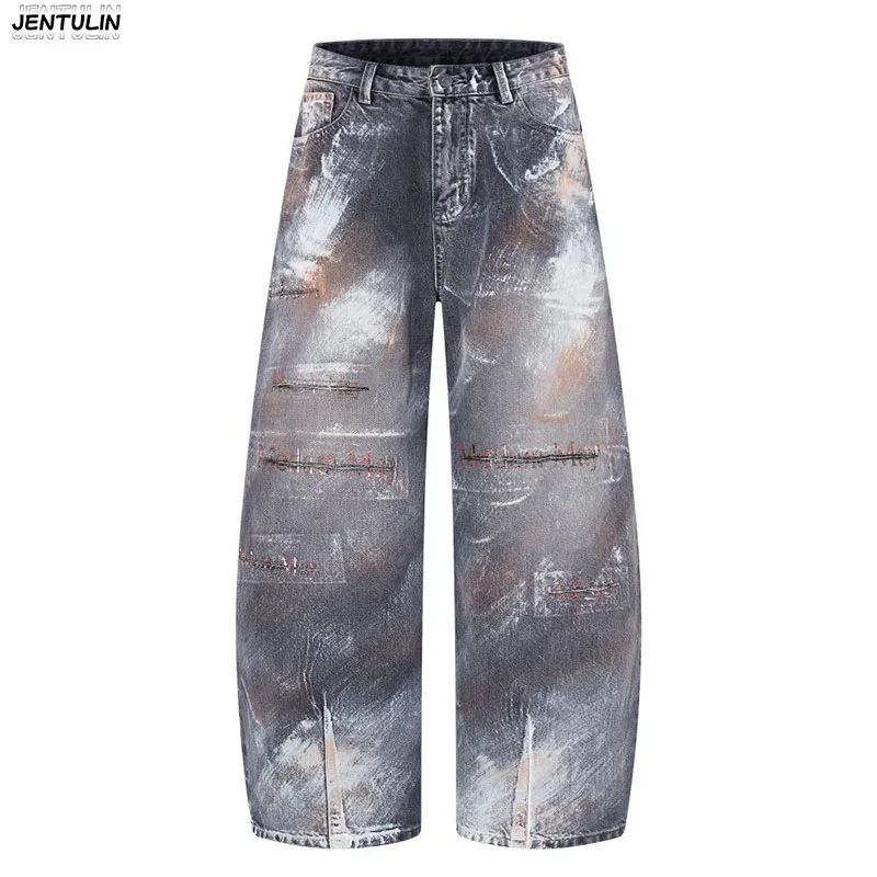 

Модные мужские джинсы в корейском стиле с граффити, камуфляжными нашивками и рваными элементами, широкие брюки в стиле хип-хоп, свободные рабочие штаны