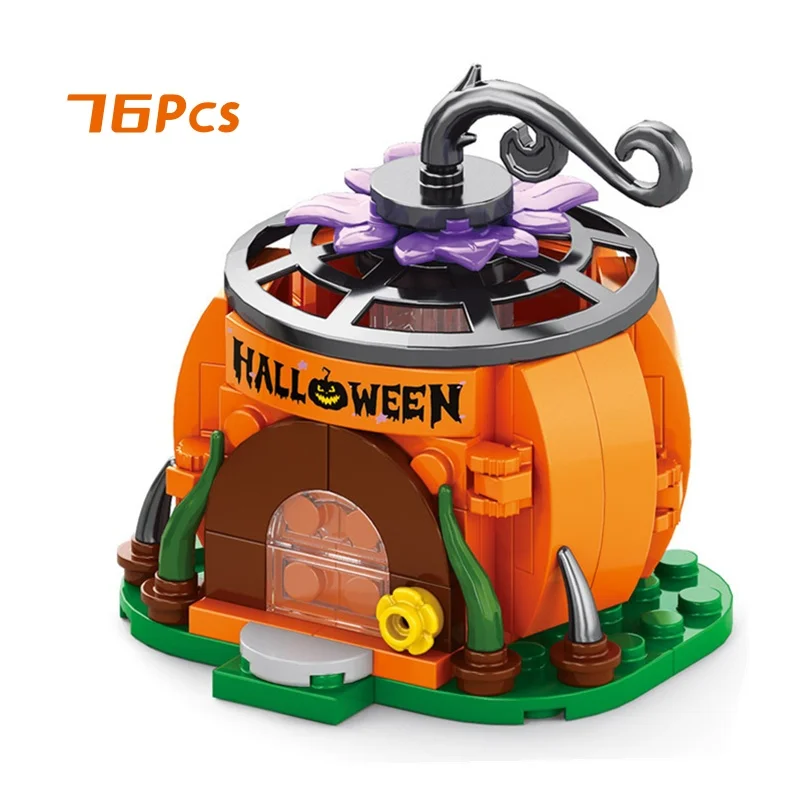 6IN1 DIY Creative Halloween Pumpkin House Witch Candy House Desktop Atmosphere Small Decoration Building Blocks Bricks Toy Gift