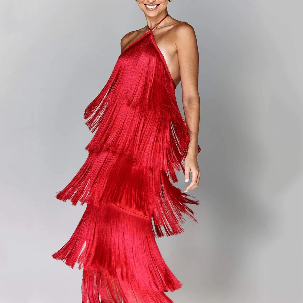 

2025 Party Dress Summer Fashion Hanging Neck Tassel Backless Slit Dress