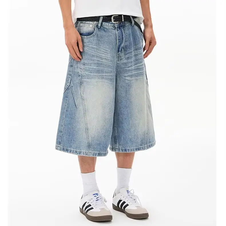 Men Women Vintage Washed Denim Shorts Loose Fit Knee Length Jeans Shorts Cat Whisker Print Casual Streetwear Baggy Shorts