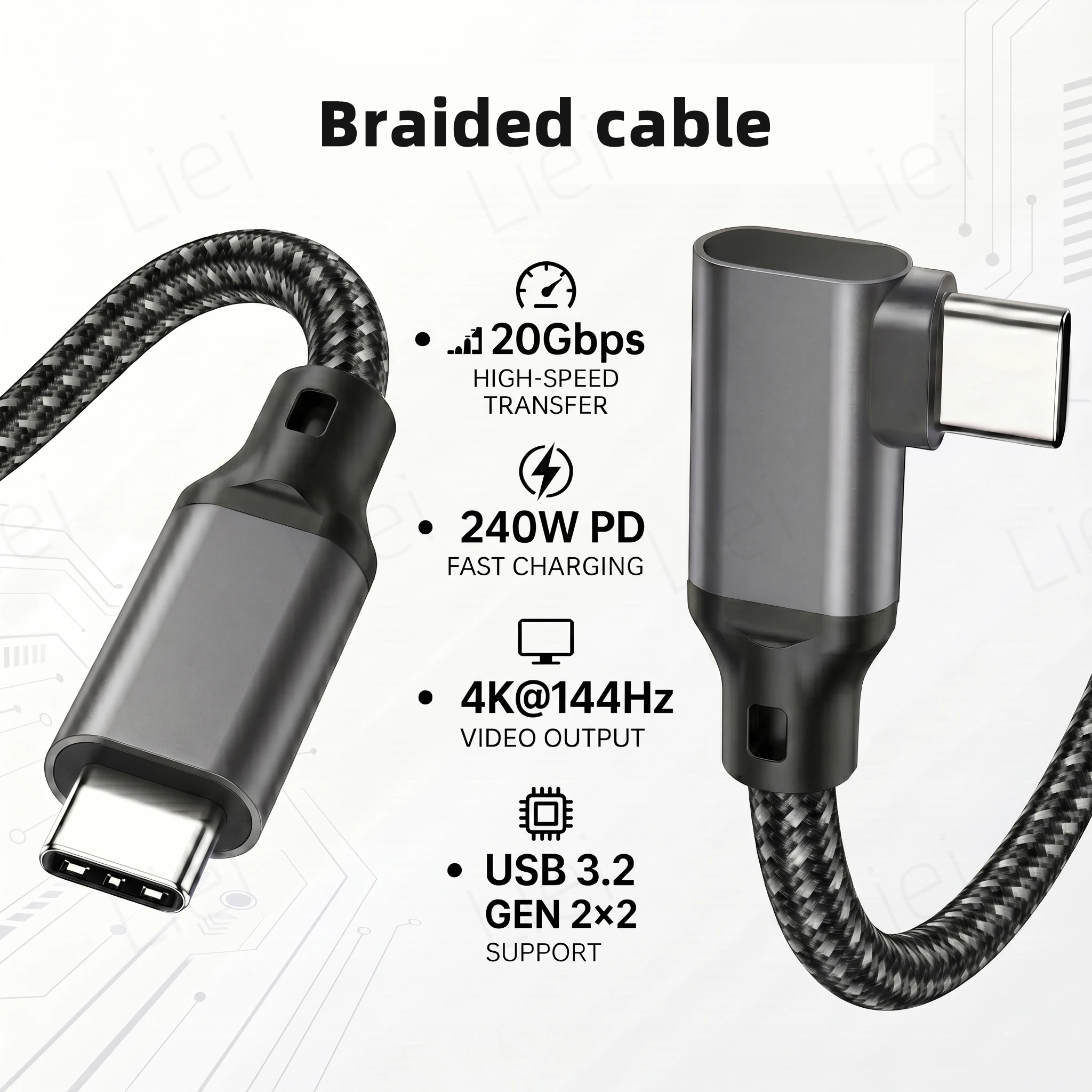 20Gbps 5K/4K Monitor-Anschlusskabel L-förmiges USB Typ-C Datenkabel Rechtwinklig 90° ° USB3.2 Gen2x2 Datenübertragung 240W PD-Ladung
