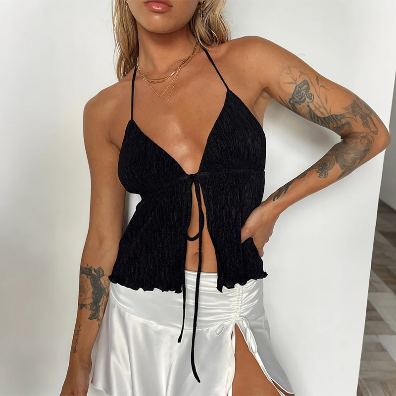

2025 Women's Sexy Lace-Up Cami Vest Top Summer Casual Holiday Sleeveless Cropped Elegant Off-Shoulder Tank American Hottie Style