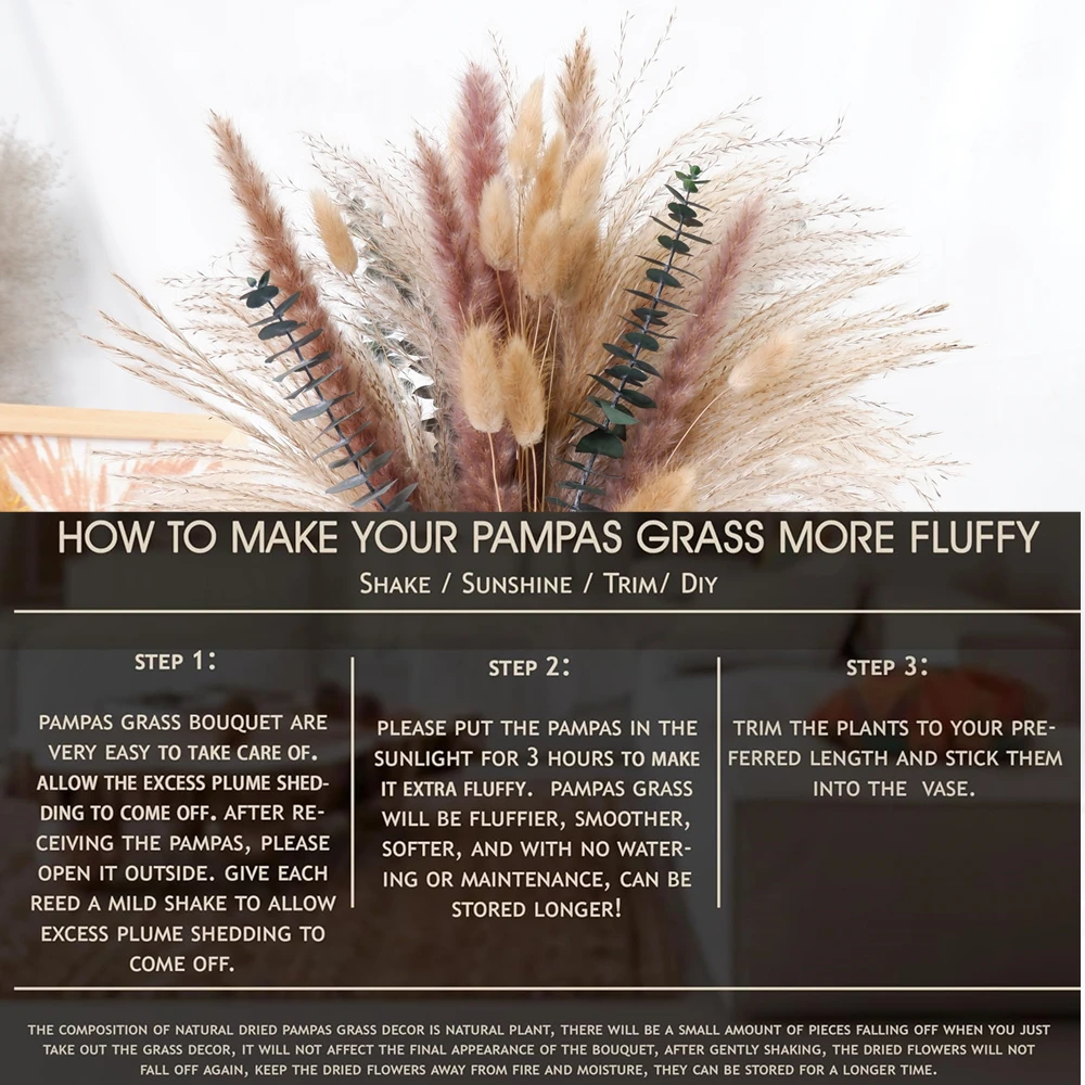 باقة زهور مجففة وباقة عشب بامباس مكونة من 60 قطعة - ديكور منزلي بوهو طبيعي لعيد الميلاد وعيد الشكر والهالوين