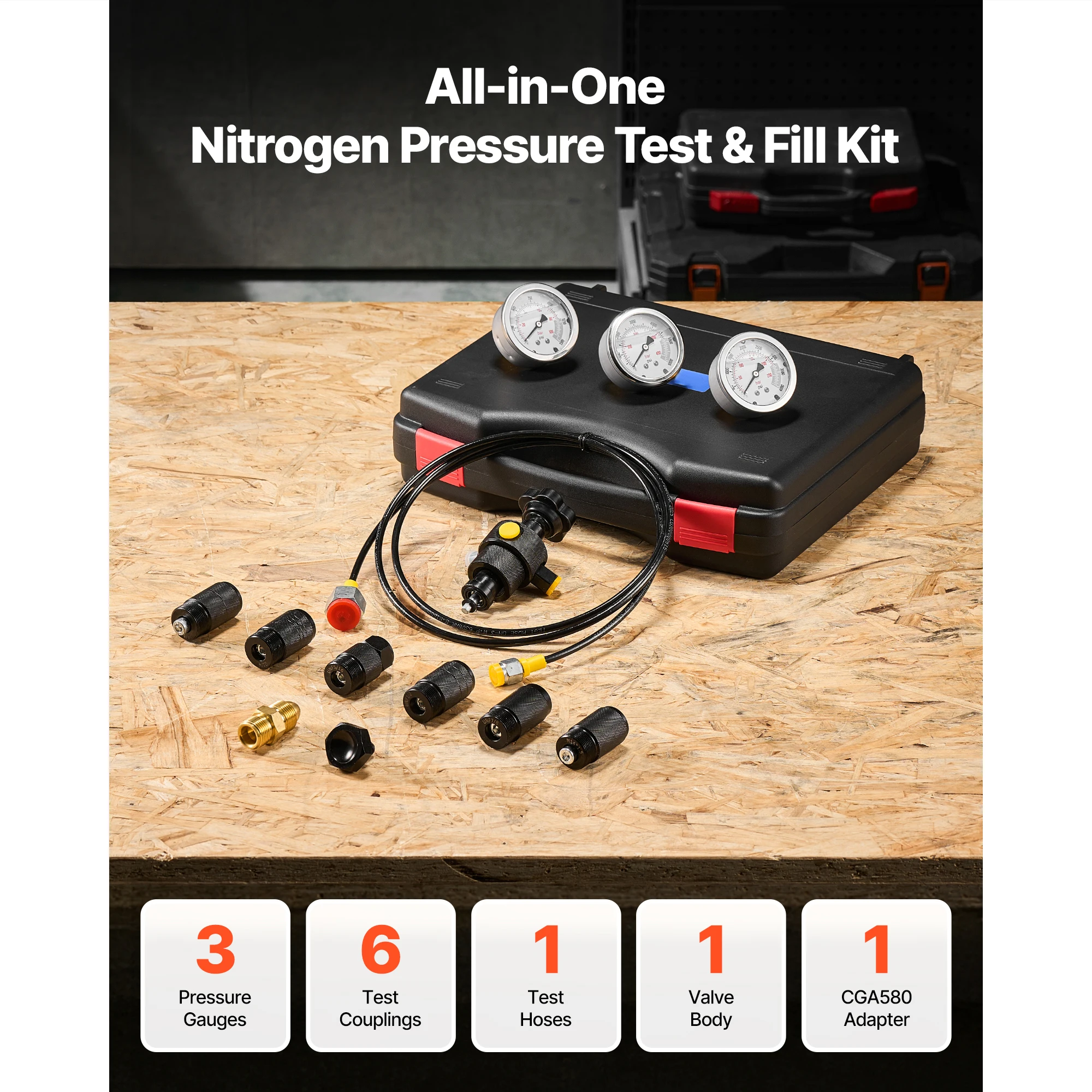 SucceBuy Hydraulic Nitrogen Accumulator Charging Kit Nitrogen Fill Kit Pressure Test System with 1/3 Gauges Fit for Machinery