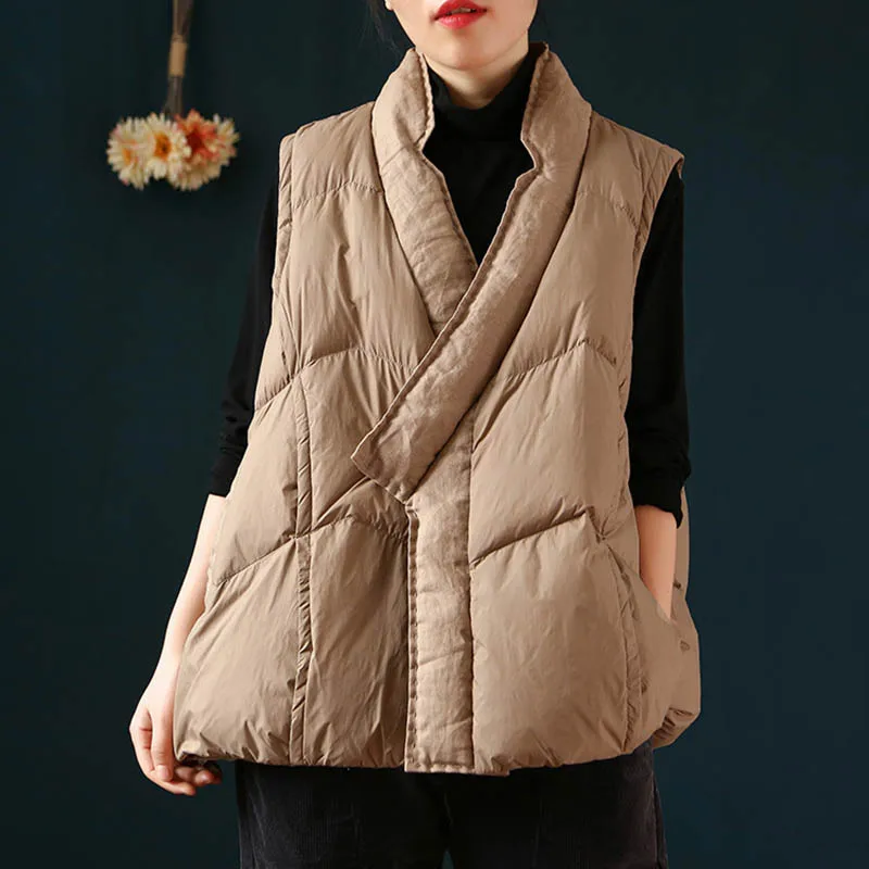 Schinteon Women 90% White Duck Down Sleeveless Vest Linen Patchwork Vintage Loose Winter Warm Over Size Waistcoat V-Neck Top New