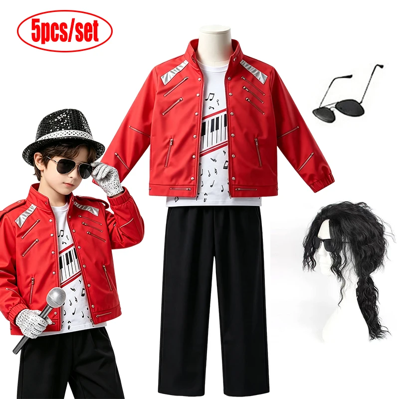 Kids Red Singer Stage Costume 7Pcs Retro Performance Outfit Jacket Pants Hat Gloves Microphone Sunglasses Halloween Cosplay Suit