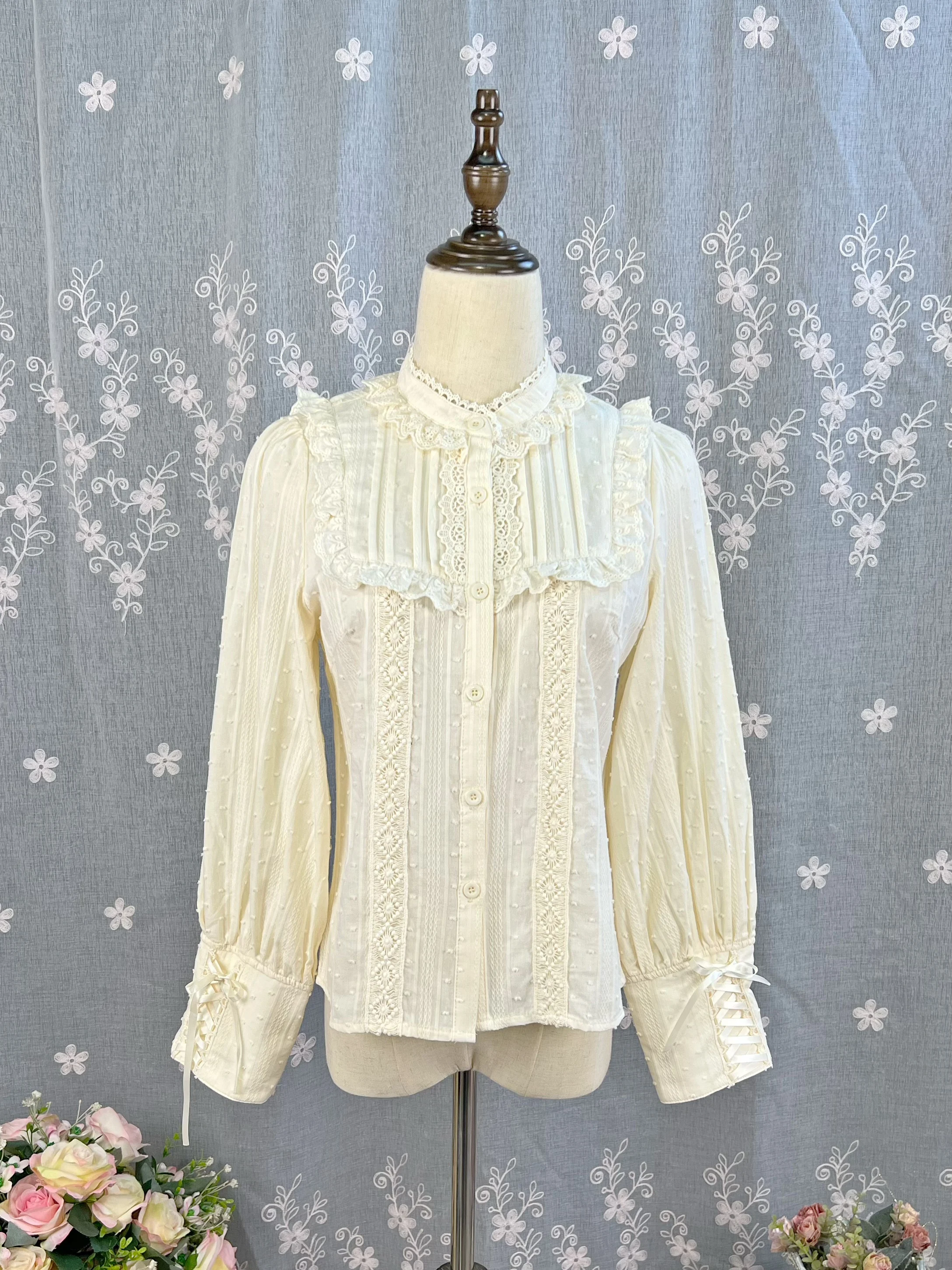 Lolita Lace-up Long-sleeved Ruffles Stand-up Collar Shirt Girl Spring Autumn Lace Cute Age-reducing Versatile Bottoming Shirts