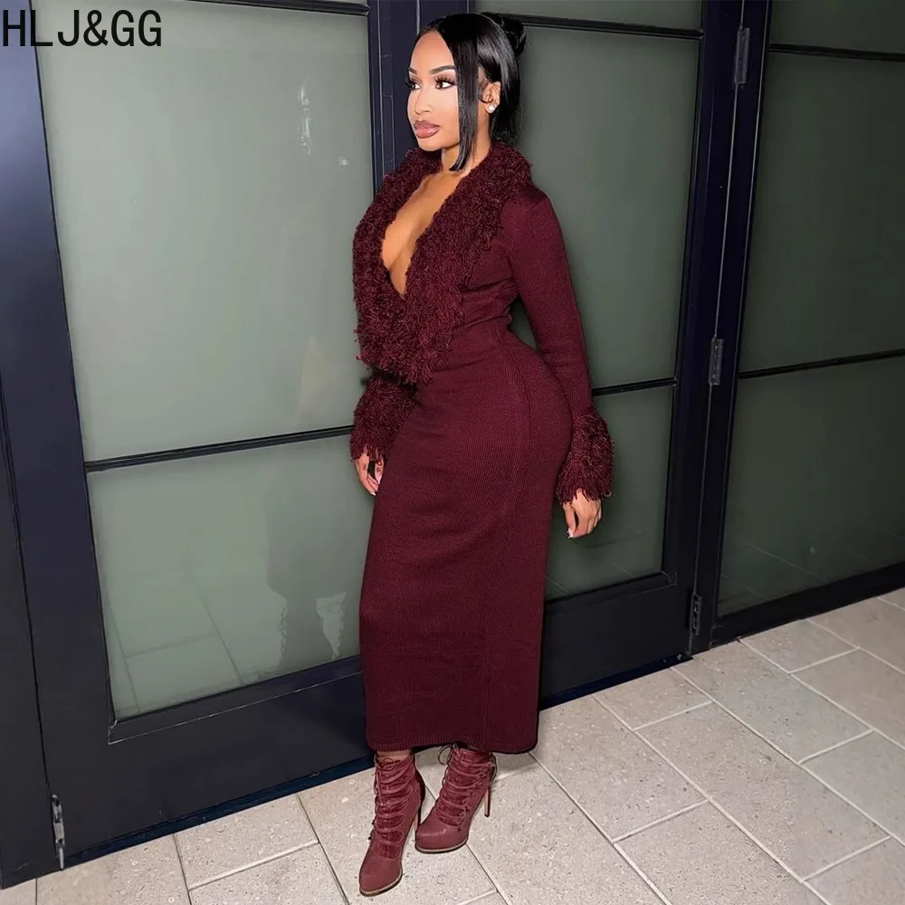 HLJ & GG النبيذ الأحمر مثير العميق الخامس محبوك شرابة Bodycon فستان طويل المرأة كم طويل سليم فيستدوس موضة فستان الصلبة الشارع الشهير