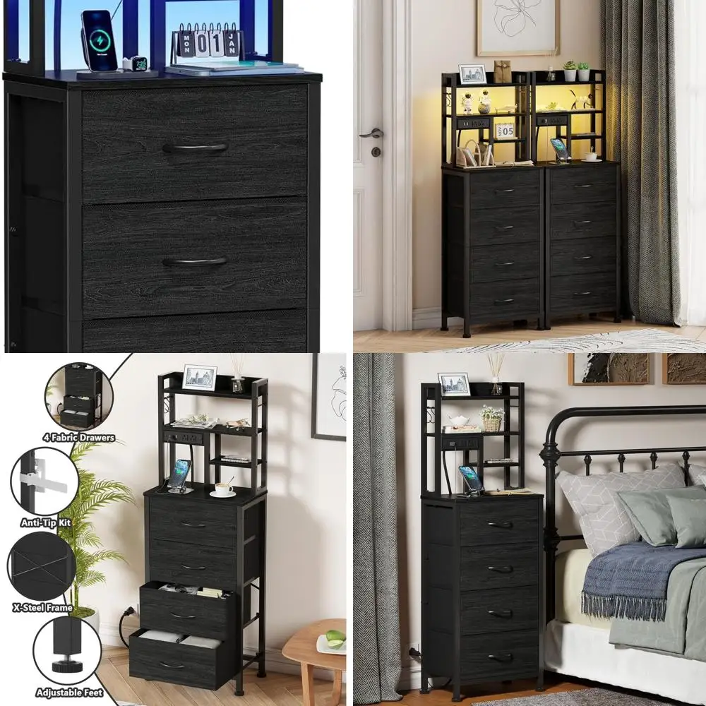 

Black Oak LED Nightstand with Charging & USB Ports, 4 Drawers, 4-Tier Shelf for Bedrooms, Dorms, Offices