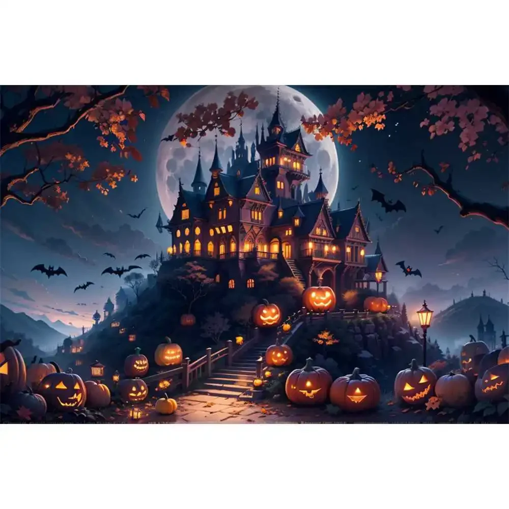Halloween Decoration Photography Backdrop Kids Wooden Board Pumpkins Lights Cemetery Ghost Window Spiders Party Photo Background