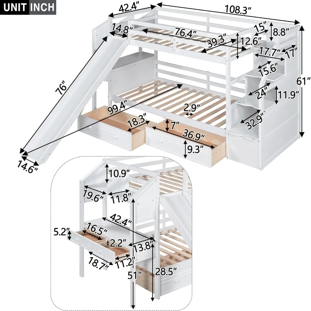 Twin Over Twin Bunk Bed with Stairs and Slide, with Storage Drawers for Kids Girls Boys, Solid Wood Bunk Bed Frame