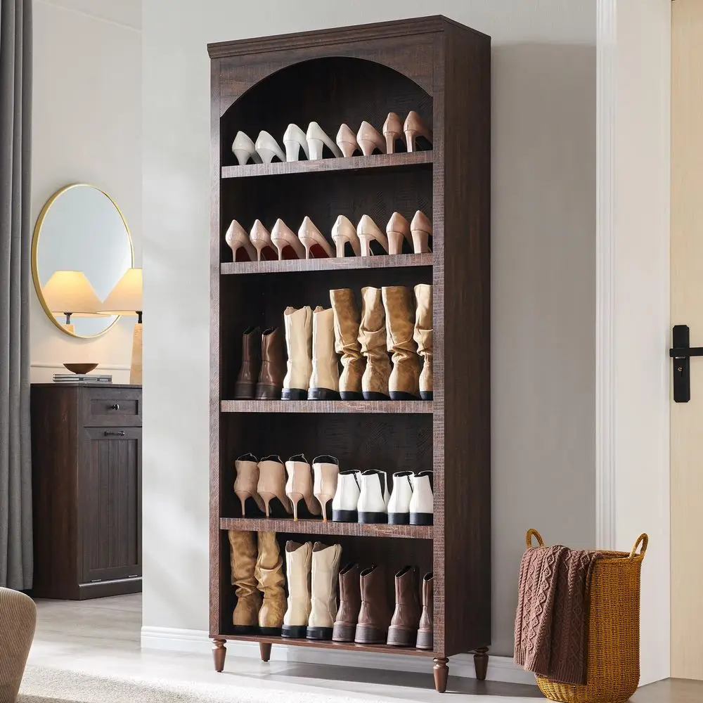 

76 Tall Arched Shoe Storage Cabinet, 5 Tiers 20 Pairs Large Wood Shoe Rack w 2 Adjustable Shelves, Farmhouse Freestanding Close