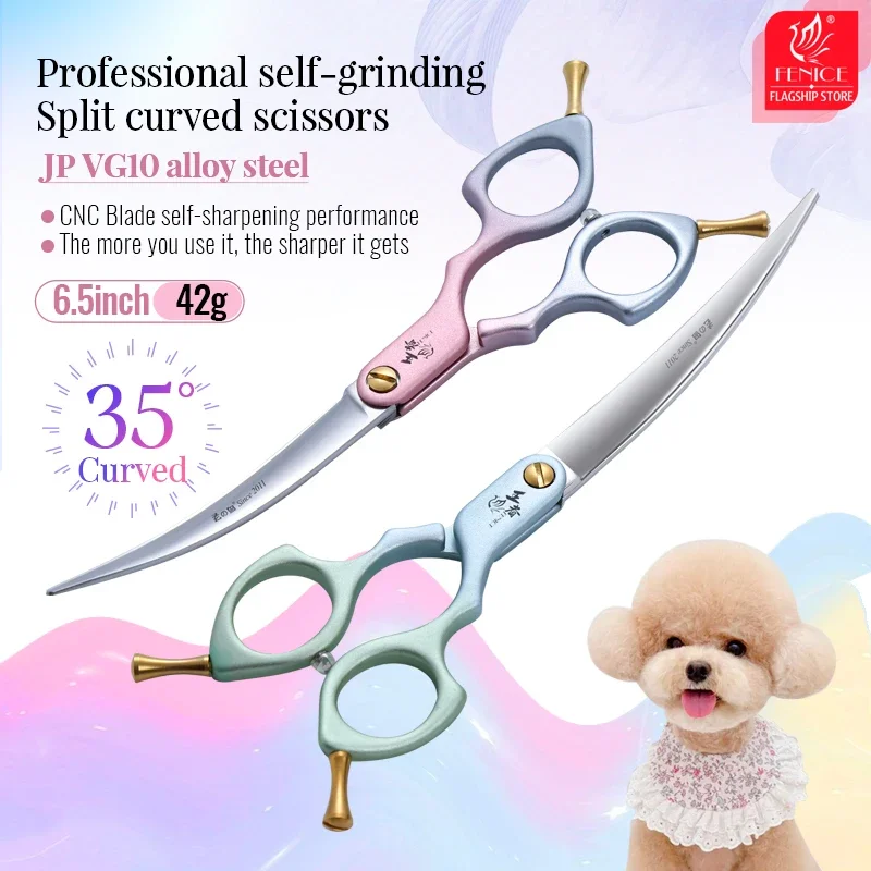 Fenice Professional Colourful 6.5 Inch JP VG10 Steel Pet Dog Grooming Shears 35° Curved Scissors with High Quality Alloy Handle