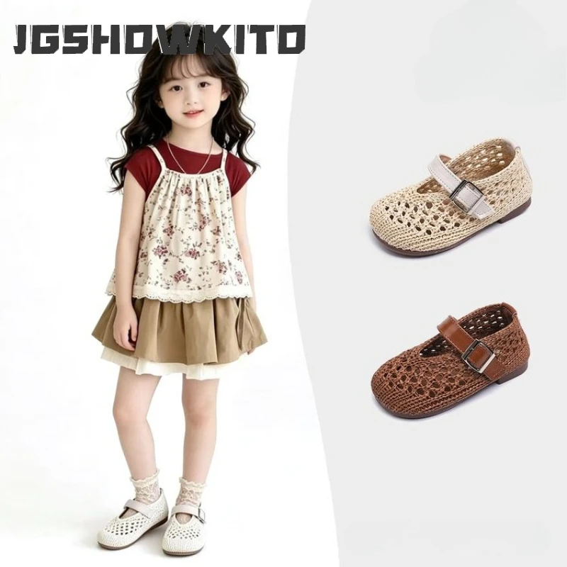 JGSHOWKITO 2026 Girl Mesh Shoes Summer Hollow-out Children Woven Mary Jane Shoes Causal Breathable Kids Flat Sandals Lightweight