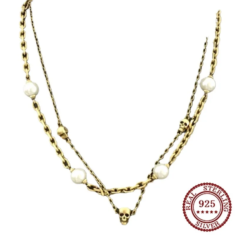 

2025 New Trendy Classic Skull Head Pearl Double Layer Necklace for Women Personalized Temperament Clavicle Chain