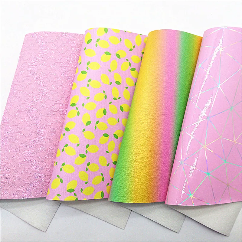 Pink Lace Glitter Leather Lemon Printed Synthetic Leather Vinyl Leather Sheets Rainbow Litchi Faux Leather For DIY 21x29CM Q595